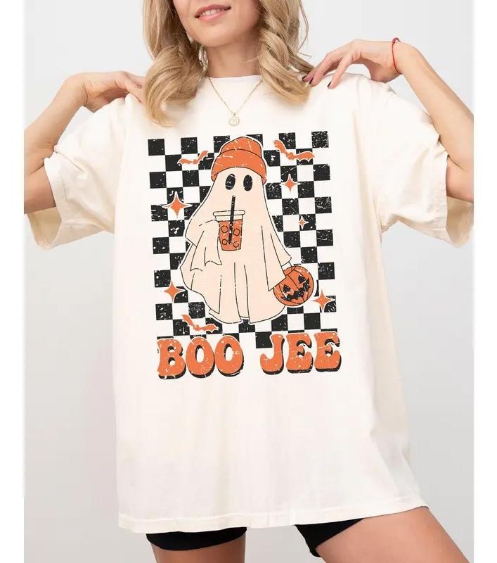 [Tiktok Shipping] Boo-Jee Ghost, Checkered, Retro, Halloween, Coffee Drink Shirt, Women's Comfort Color Tee, Tshirt...