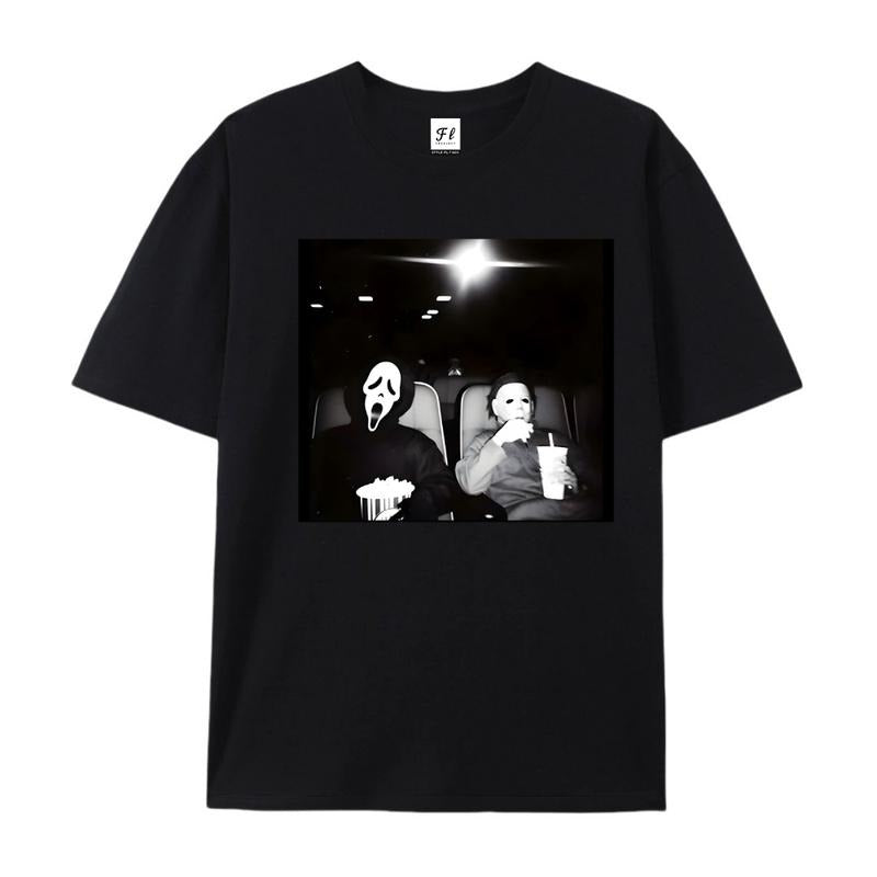 [Tiktok Shipping] Halloween Character Vintage Graphic Tee, Michael Myers And Ghost Face In The Cinema T-Shirt, Horror...