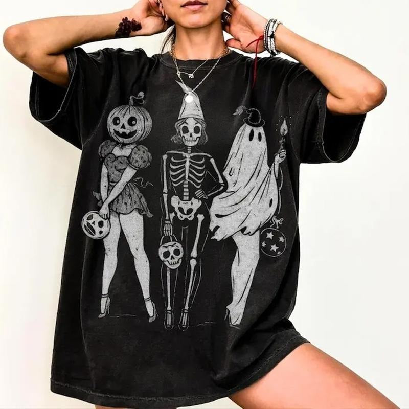 [Tiktok Shipping] Halloween Spooky Girl Squad Tshirt, Skeleton Ghost Pumpkin Tee, Witchy Fall Shirt, Retro Trendy...