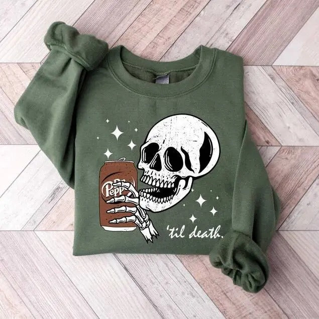 Till Death Dr. Pepper Sweatshirt, Skeleton Sweatshirt, Halloween Sweater, Cute Dr Pepper Shirt, Skeleton drinking Dr....