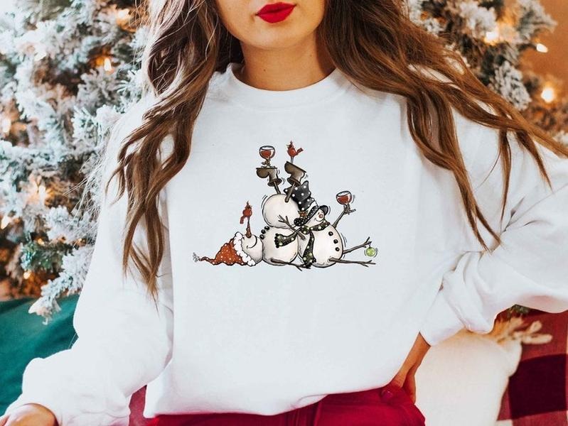 Tipsy Snowman Sweatshirt, Christmas Tee, Holiday Season, Cute Christmas Tee, Snowmen Drinking Wine Tee, Cute Christmas...