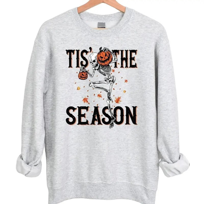 Tis' The Season Skeleton Halloween Crewneck Sweatshirt Hoodie Tshirt, Halloween 2024 Gifts | HypeCrazeTee.com