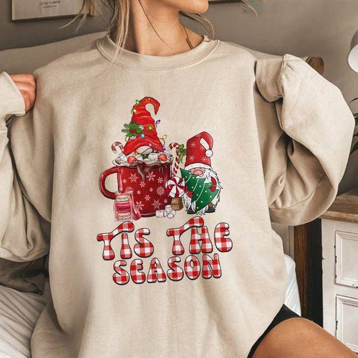 Tis The Season Gnomes Sweatshirt, Buffalo Plaid Christmas Sweatshirt,Gnomie Christmas Latte Women Christmas Top,Xmas...