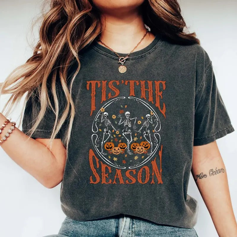 Tis Season Shirt Halloween Fall Shirt Skeletons Dancing Shirt Autumn Shirt Halloween Skeleton Shirt Vintage Spooky Season Top Womenswear T-Shirts, Hoodie, Sweatshirt