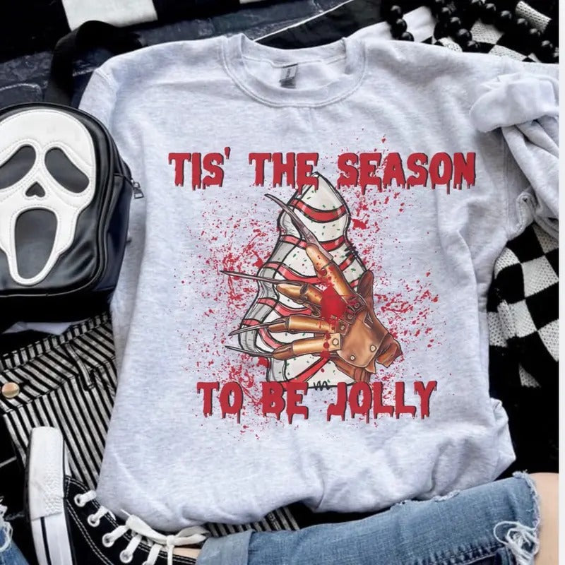 Tis Season Be Jolly Freddy Hand Ash Grey Sublimation Halloween T-Shirts, Hoodie, Sweatshirt