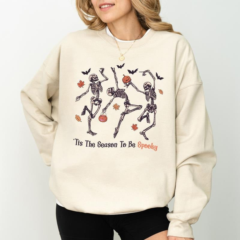 Tis The Season To Be Spooky Dancing Skeleton Sweatshirt, Funny Skeleton Halloween Sweatshirt, Spooky Skeleton Sweater,...