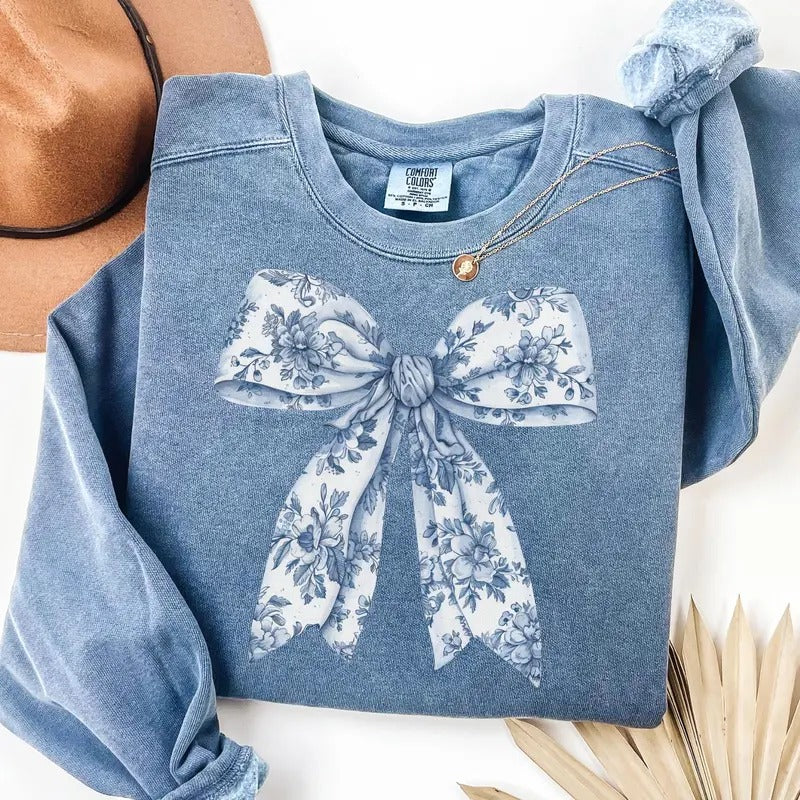 Toile De Jouy Coquette Bow Sweatshirt Blue Ribbon Sweater Girly Aesthetic T-Shirts, Hoodie | HypeCrazeTee.com