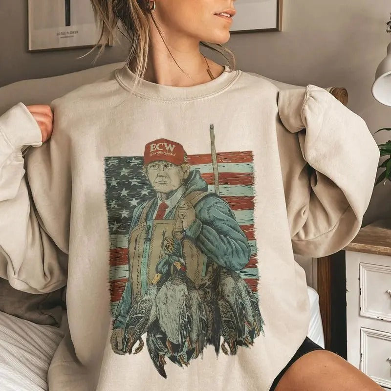 Tr4mp Hunting Season Retro USA Flag Cotton Unisex Sweatshirt Womenswear Check T-Shirts, Hoodie | HypeCrazeTee.com