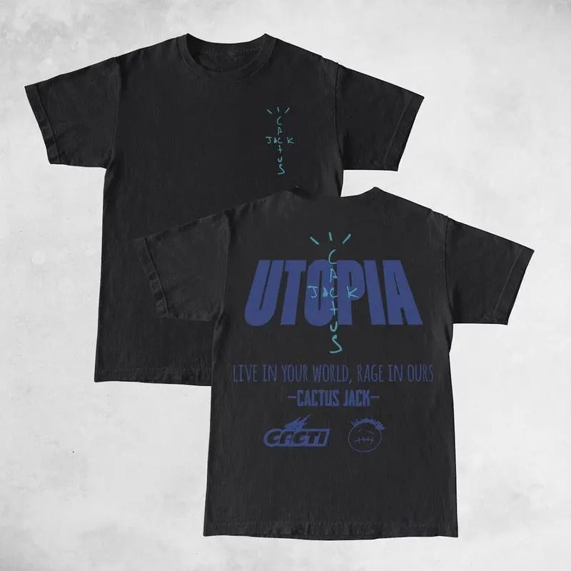 Travis Cactus Utopia Live In Your World Rage In Ours 2 Sides Graphic Shirt, Rapper Shirt Rap Tee Hip hop Shirt, Music...