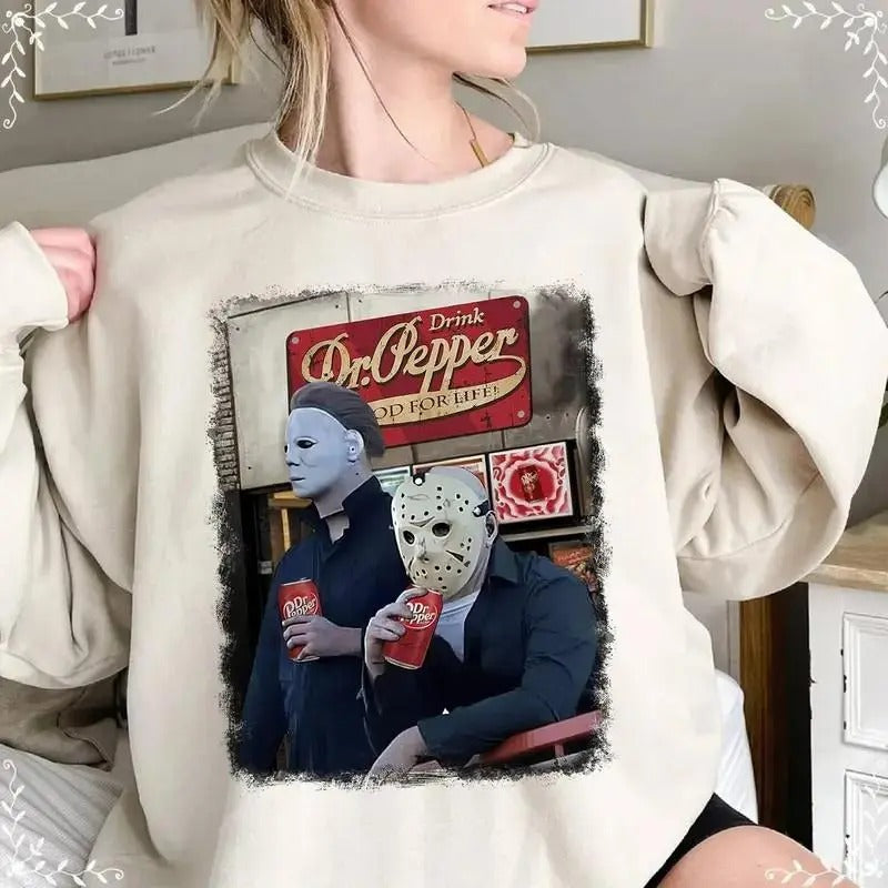 Trending My3rs and V00rhees Drinking Dr. Pepper Halloween  Sweater, Funny Halloween Dr Pepper Horror Characters...