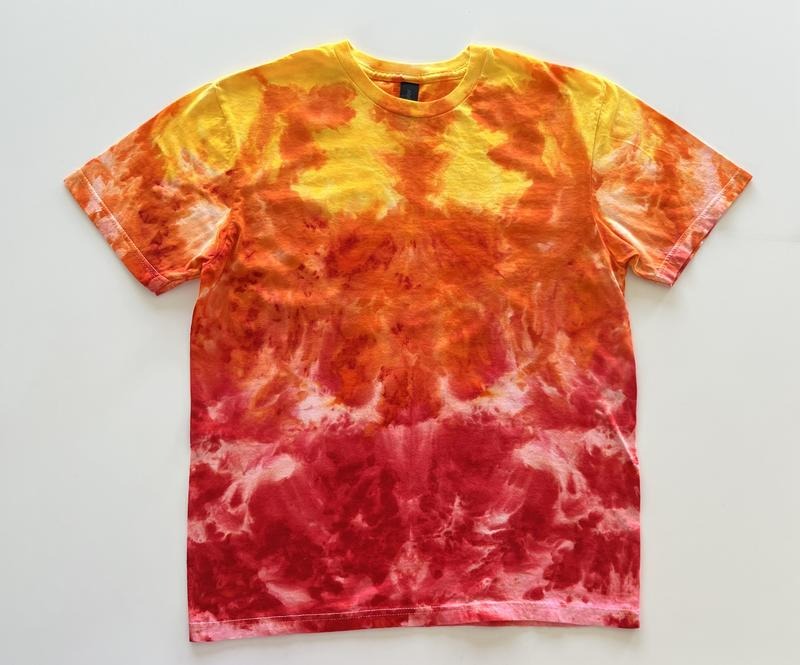 Trendy Summer Sun Tees -FIRE FLAME - Orange and Red Tie-Dye Design Casual Summer Beach Fun Tshirt Tops Hoodie, Sweatshirt