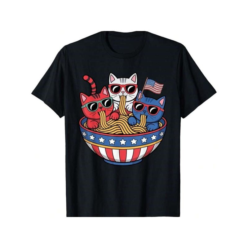 Trendy T - Shirt Featuring Stylish Cats and a Fun Noodle