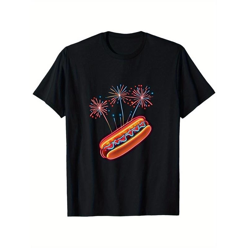 Trendy T - Shirt with a Playful Design: Eye - catching Hot Dog and Fireworks Graphic for a Stand - out, Fun