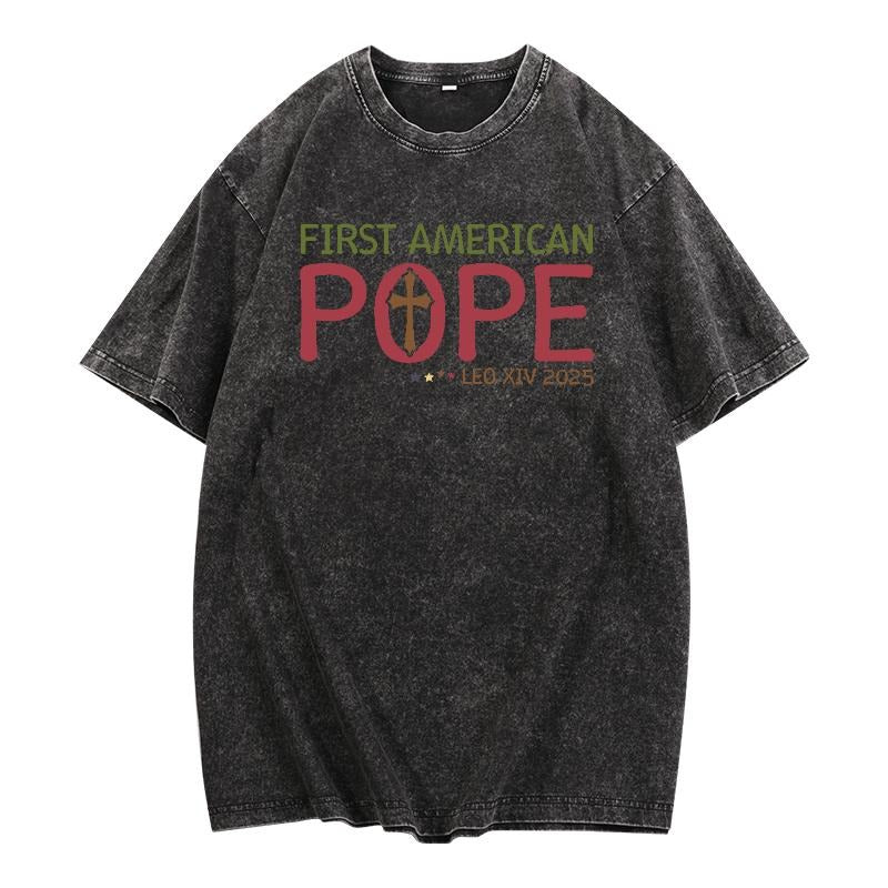 Trendy Washed Religious - icon Tee: Rock the "First American Pope" Motif with a Vintage - inspired Look on a Washed T