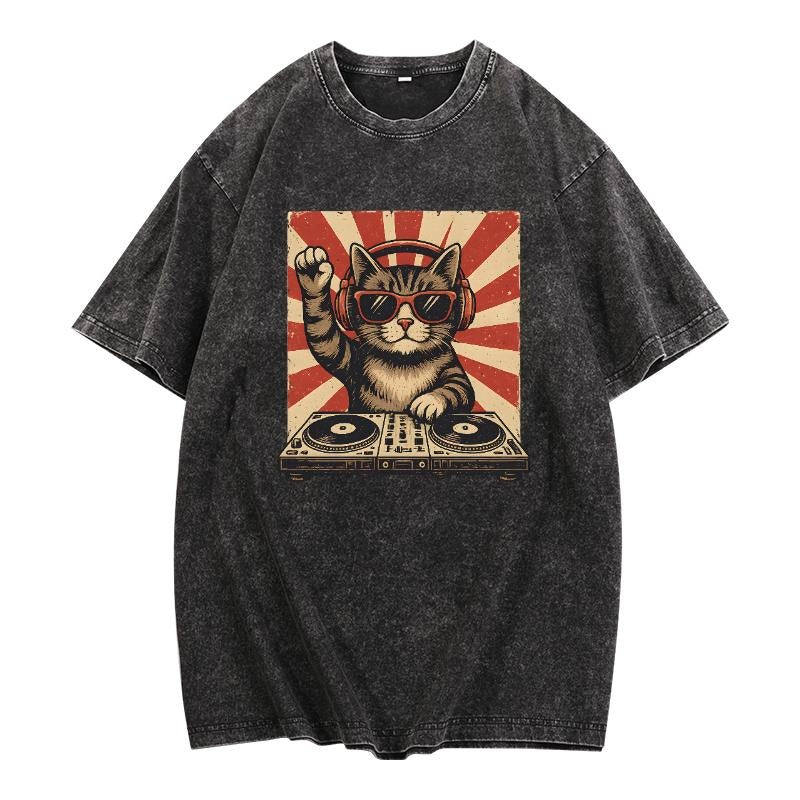 Trendy Washed T - Shirt Displaying a Unique Cat DJ Design with a Radiating Background, Ideal for a Stand