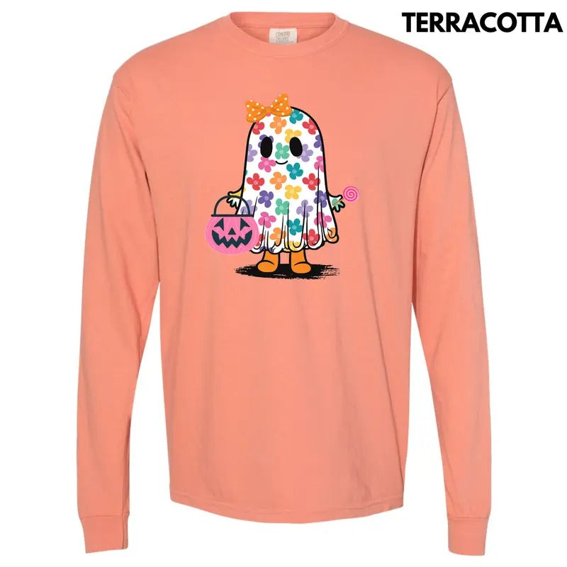 Trick Or Treat Ghost Long Sleeve Comfort Colors T-Shirt 'NLB' Hoodie, Sweatshirt | HypeCrazeTee.com