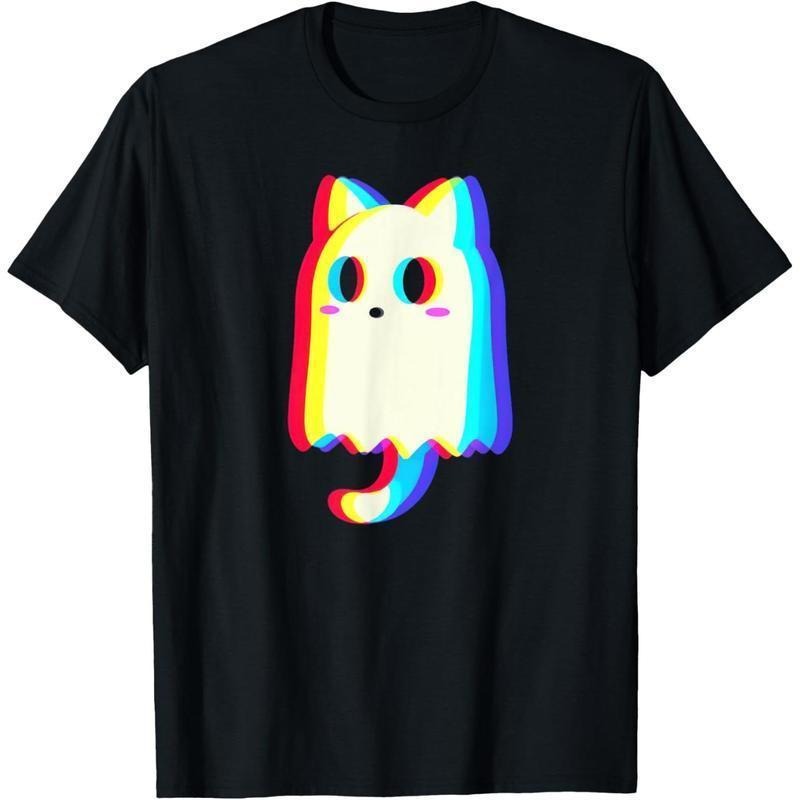 Trippy Vaporwave Ghost Cat Halloween Techno Rave EDM Men Women T-Shirt Graphic tees Casual Shortsleeve 100% Cotton...