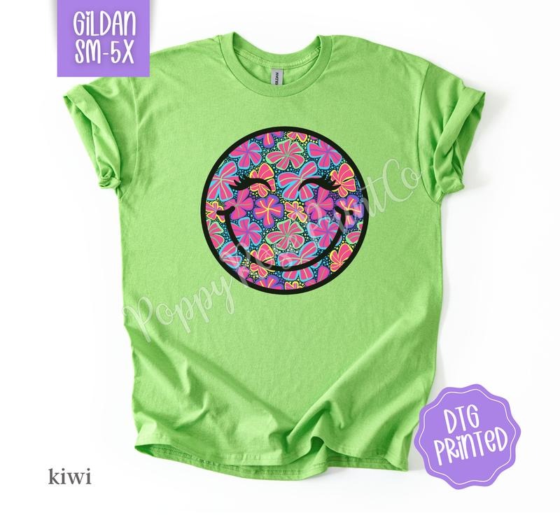 Tropical Floral Happy Face Shirt Gildan, Summer Tee, Oversized Women's Tshirt, Swimsuit Cover Hoodie, Sweatshirt