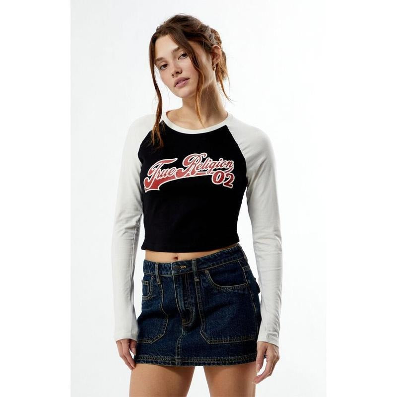 True Religion Women's Contrast Long Sleeve Raglan T-Shirt Hoodie, Sweatshirt | HypeCrazeTee.com
