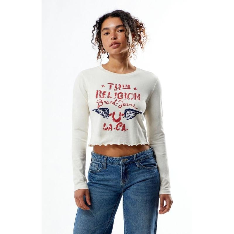 True Religion Women's Distressed Wing Long Sleeve Baby T-Shirt Hoodie, Sweatshirt | HypeCrazeTee.com