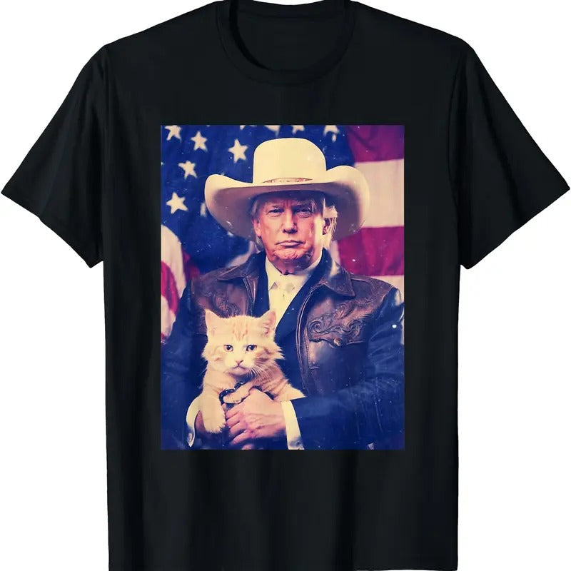 Trump Cat Shirt Funny Cowboy Donald Trump 2024 American Flag T-Shirt | Unisex Cotton Tee Gift | Full Size Hoodie, Sweatshirt