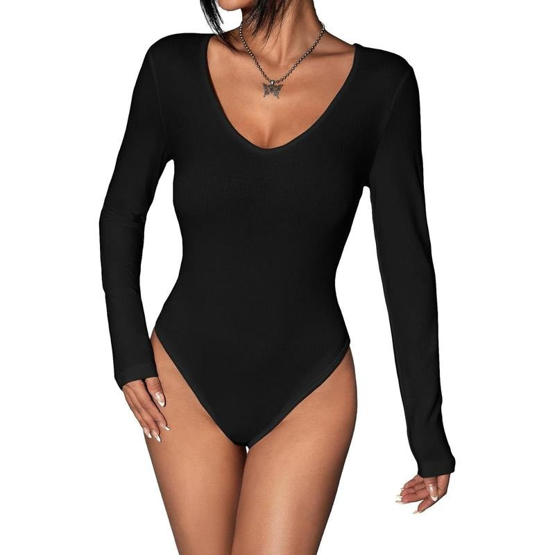 Tummy Control V Neck Long Sleeve Bodysuit Ribbed Knit Solid Shapewear Bodysuit Shirt Tops Fabric Womenswear Hoodie,...