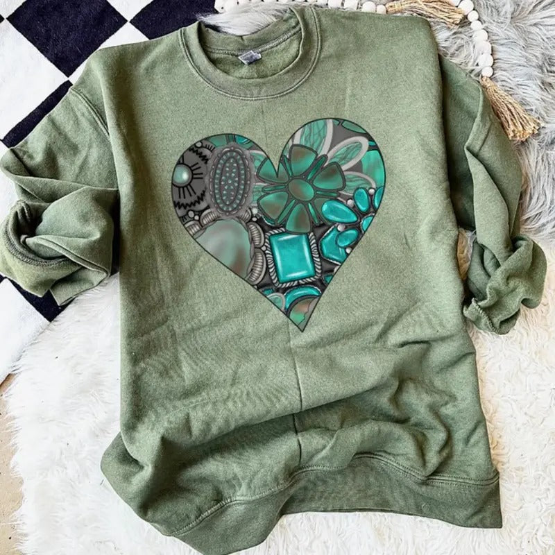 Turquoise Heart Crewneck sweatshirt, graphic tees women, western outfits women, western tops clothing, rodeo cowgirl...