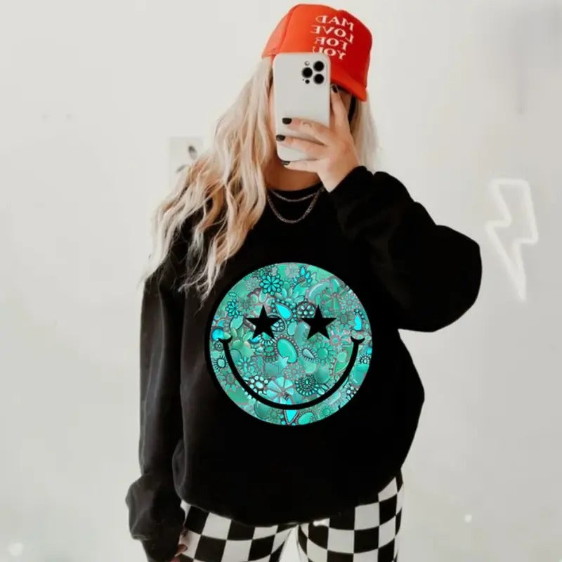 Turquoise Smiley Face Crewneck Sweatshirt western clothing stuff, western outfits women tops, country western girl...