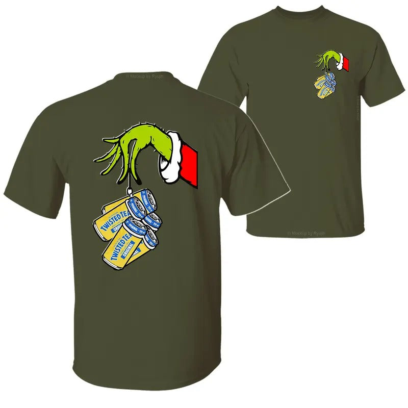 Twisted Tea Christmas Movie The Grin Hand T-Shirt, Christmas Green Guy Holding Twisted Tea Cans 2 Sided Graphic Printed...