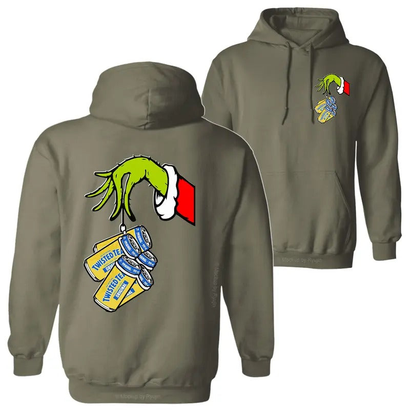 Twisted Tea The Grin Hand Holding Twisted Tea Cans Green Guy Christmas Season 2 Sided Graphic Printed Unisex Classic...