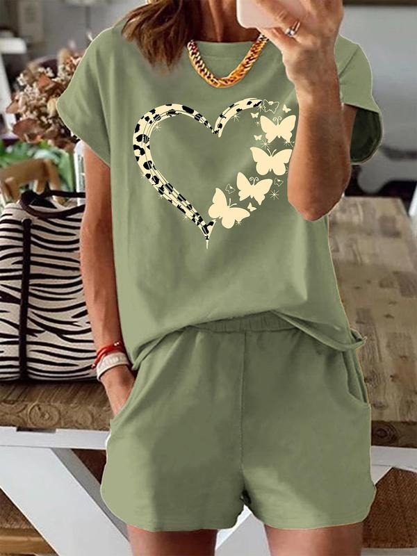 Two-Piece Set Women's Butterfly & Heart Print Tee & Skinny Shorts, Casual Round Neck Short Sleeve T-shirt & Shorts for...