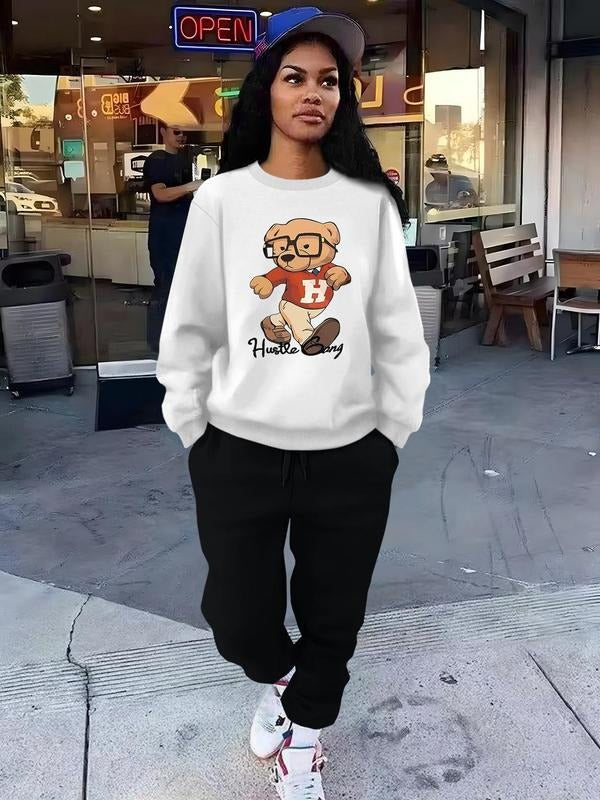 Two-Piece Set Women's Cartoon Bear Graphic Sweatshirt & Plain Elastic Waist Sweatpants Set, Casual Fashion Drop Shoulder...