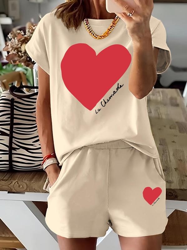 Two-Piece Set Women's Heart & Letter Print Tee & Shorts, Casual Round Neck Short Sleeve T-Shirt & Skinny Shorts, Ladies...