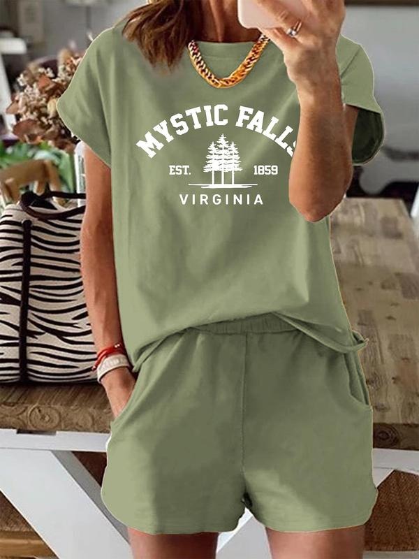 Two-Piece Set Women's Letter & Tree Print Short Sleeve Tee & Shorts, Casual Round Neck T-shirt & Shorts, Summer Clothes...