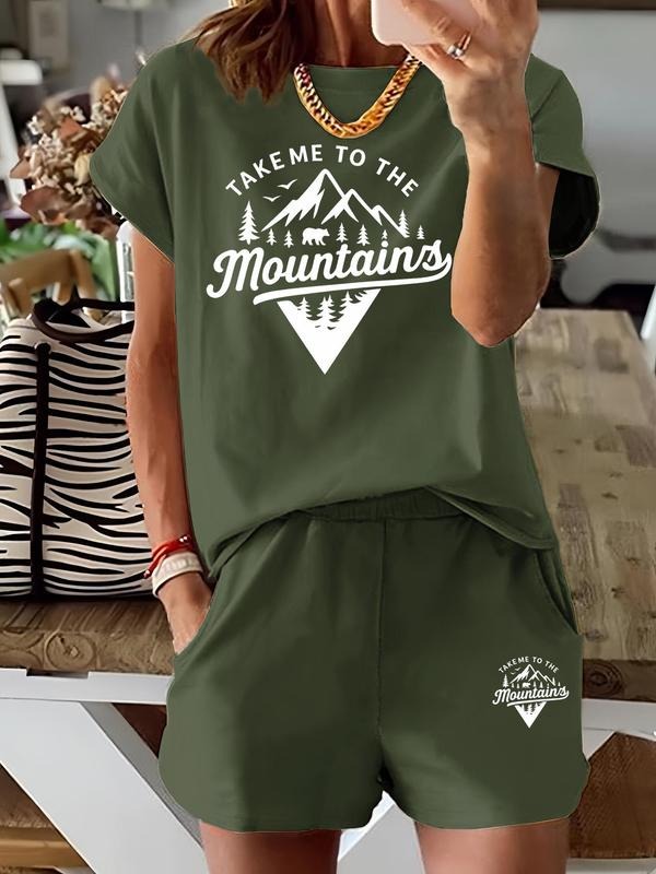Two-Piece Set Women's Mountains Print Short Sleeve Tee & Shorts, Casual Round Neck T-Shirt & Skinny Shorts, Ladies Summer...