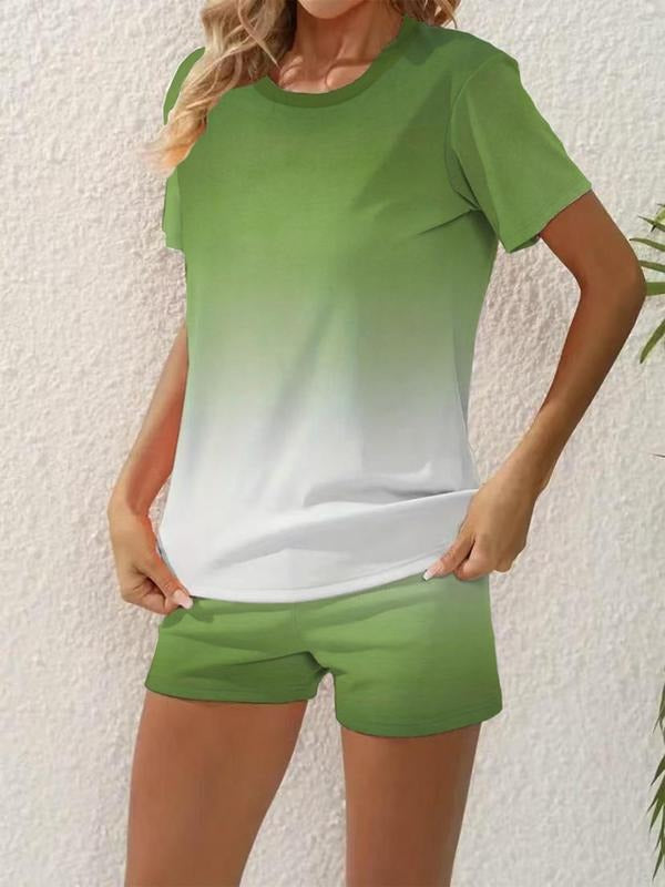 Two-Piece Set Women's Ombre Print Tee & Shorts, Casual Round Neck Short Sleeve T-Shirt & Skinny Shorts, Ladies Summer...