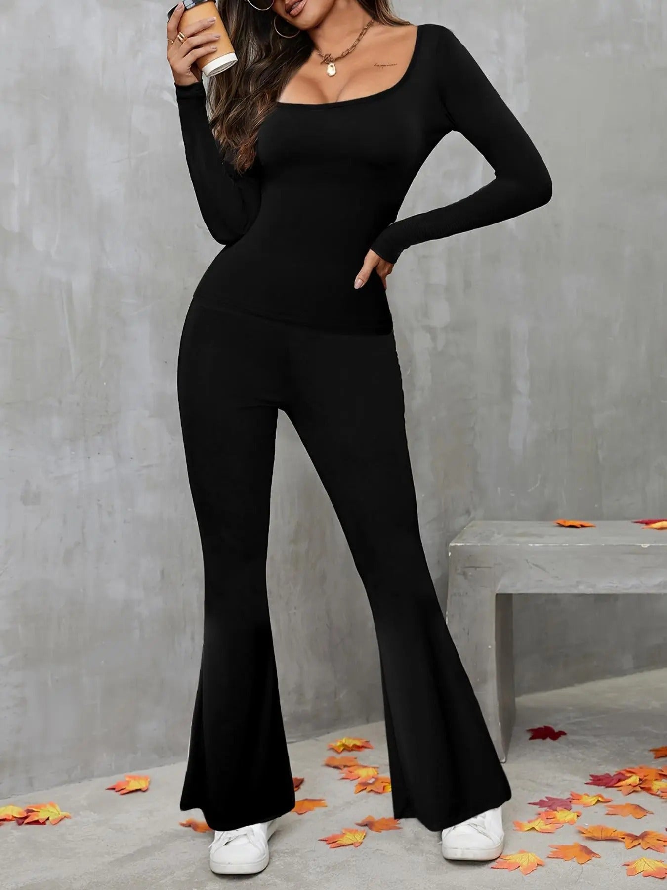 Two-Piece Set Women's Solid Long Sleeve Square Neck Tee & High Waist Flared Pants Set, Casual Comfy T-shirt & Bell Bottom...