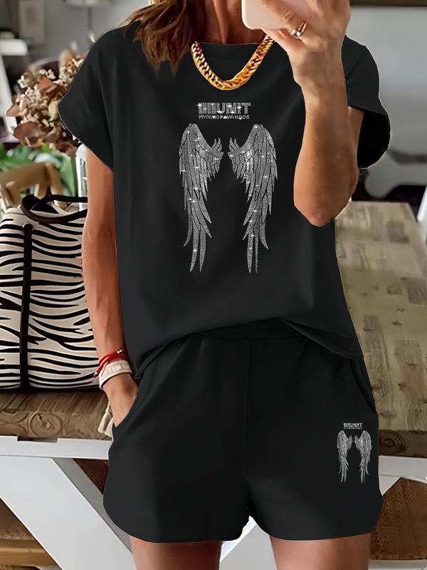 Two-Piece Set Women's Wing & Letter Print Short Sleeve Tee & Shorts, Casual Round Neck T-Shirt & Skinny Shorts, Ladies...