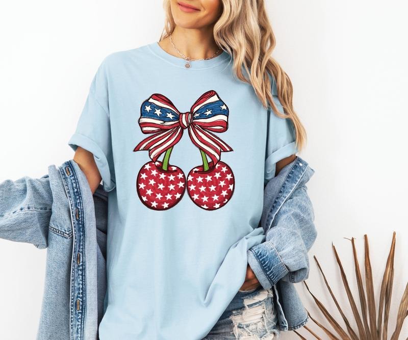 USA Cherries and Bow Comfort Colors tee Shirt Casual Vintage Breathable Top Hoodie, Sweatshirt | HypeCrazeTee.com