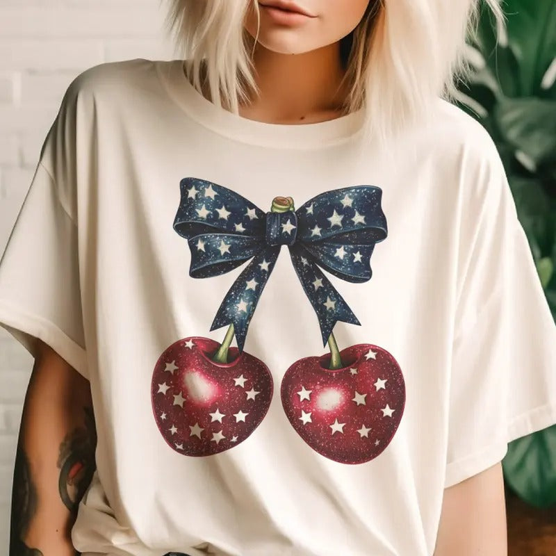 USA Cherry Flag Graphic Tee 4th of July Bow and Cherry Tshirts Womens Patriotic Memorial Day Festival Tops Hoodie, Sweatshirt