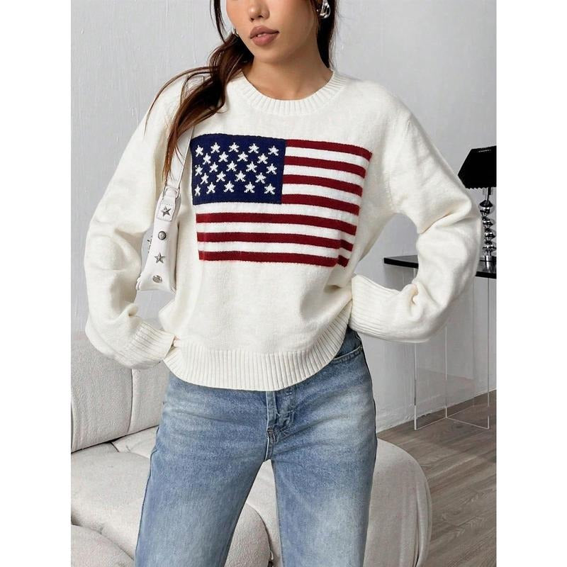 USA Flag Independence Day Shirt Flag Pattern Long Sleeve Round Neck Sweater Casual Loose Pullover Sweater Hoodie, Sweatshirt