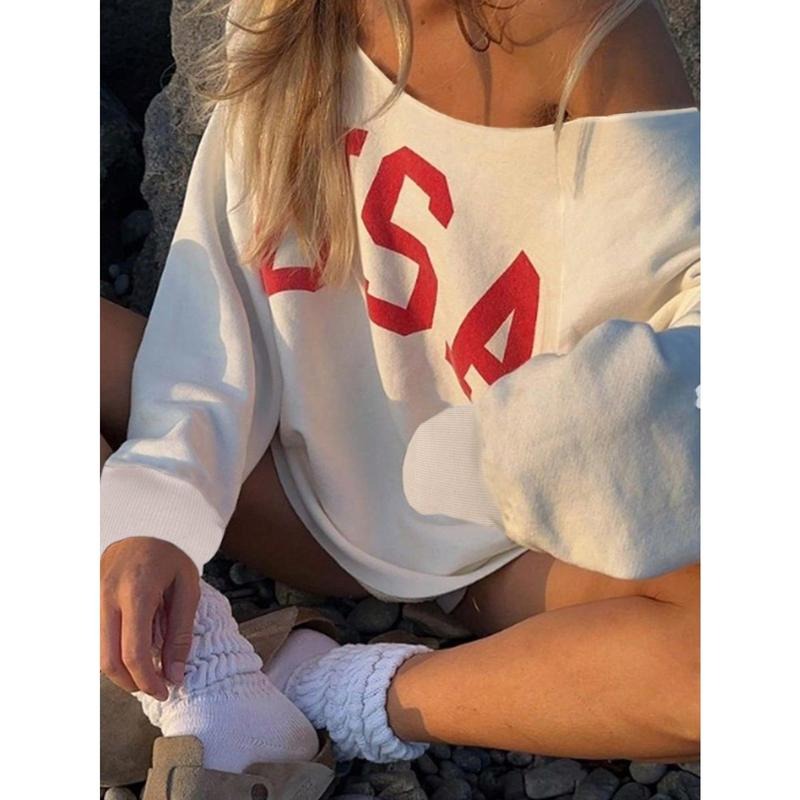 USA Flag Independence Day Shirt Letter Graphic Print Long Sleeve Asymmetrical Neck Sweatshirts Hoodie | HypeCrazeTee.com