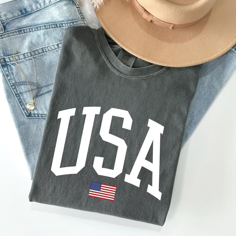 USA Flag, America, Patriotic, White, 4th of July Tshirt, Women's Crew Neck, Crewneck Hoodie, Sweatshirt | HypeCrazeTee.com