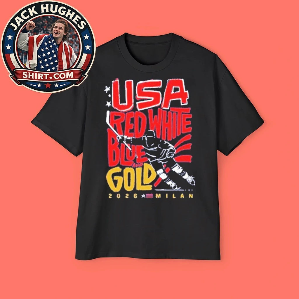 USA Hockey Red, White, Blue &amp; Gold Patriotic Hockey Fan Shirt