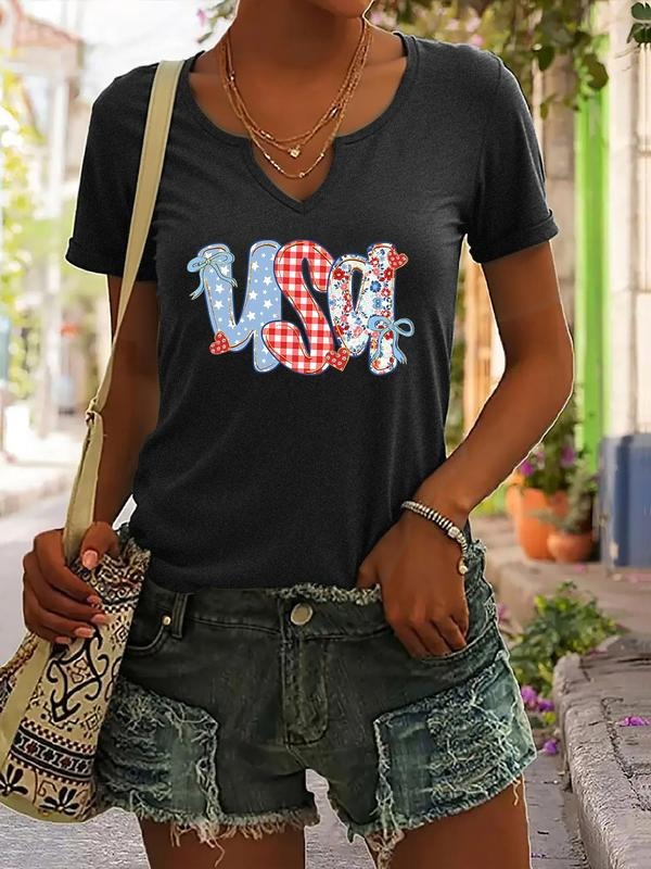 USA Letter Graphic Print T-Shirt for Women, Casual Summer V-Neck Short Sleeve Top, Trendy Ladies Apparel for Ages 18-44...