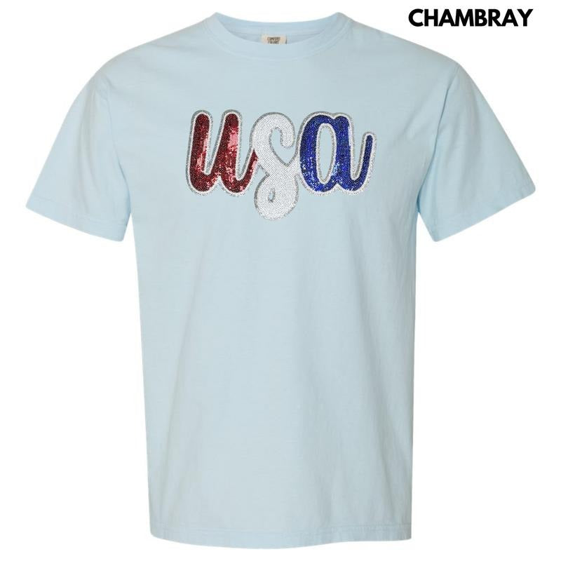 USA Red White & Blue Sequin Patch Comfort Colors T-Shirt Hoodie, Sweatshirt | HypeCrazeTee.com