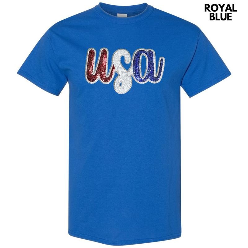 USA Red White & Blue Sequin Patch Gildan Short Sleeve T-Shirt Hoodie, Sweatshirt | HypeCrazeTee.com