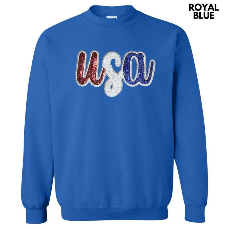 USA Red White & Blue Sequin Patch Sweatshirt T-Shirts, Hoodie | HypeCrazeTee.com