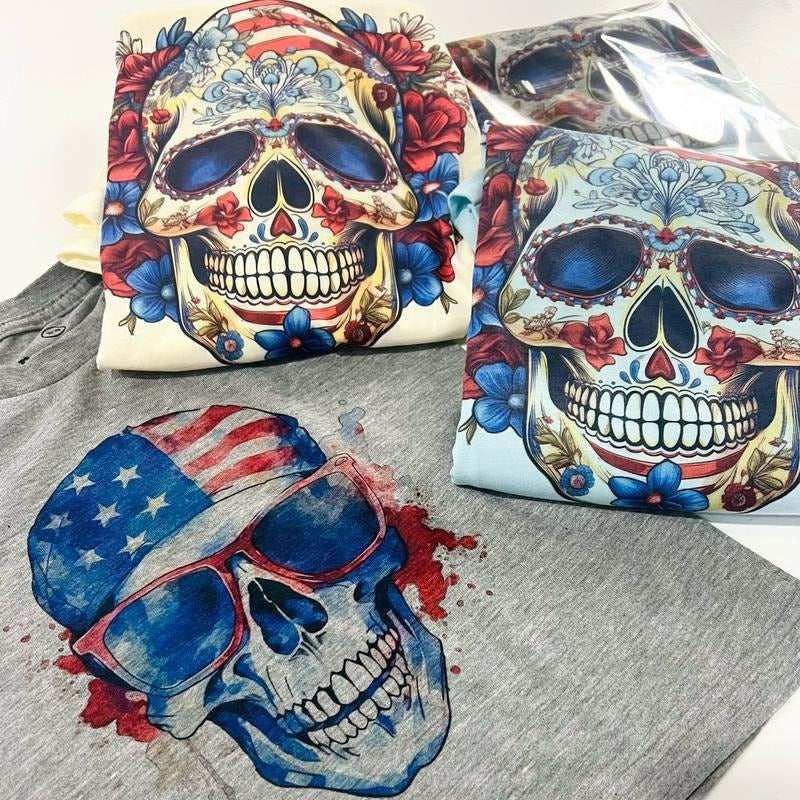 USA Skull Tshirts Patriotic Flag Skulls Tees 4th of July Skeleton T-Shirts Stars and Stripes Skull Tops Floral Skeleton...