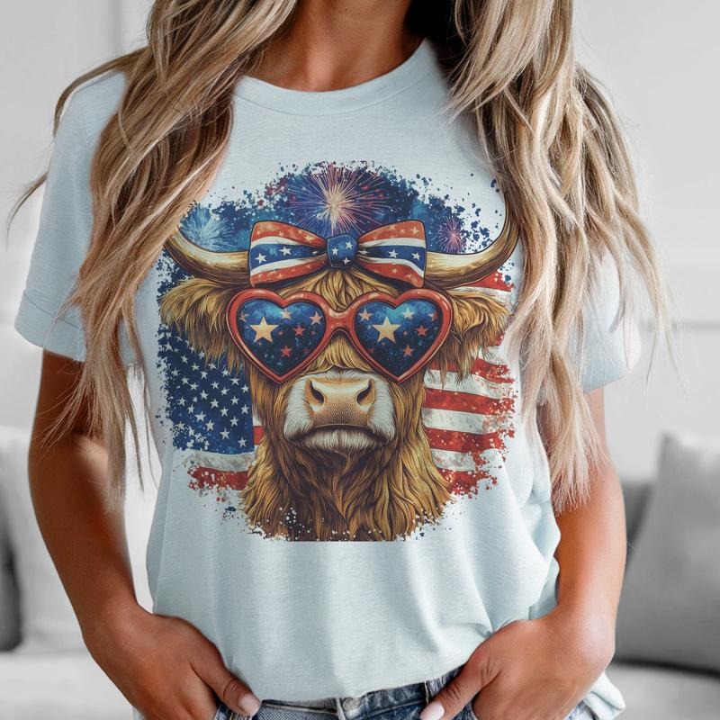 USA Western Highland Cow Flag and Sunglasses Graphic Tee Patriotic Country Cow Tshirt Flag Bow Cow Lightweight Top Casual...